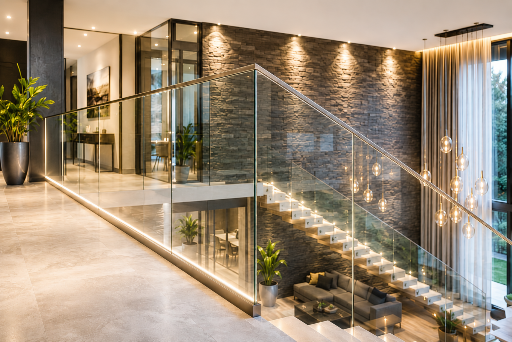 Egyedi üvegkorlát modern belső térben – Gál Glass.